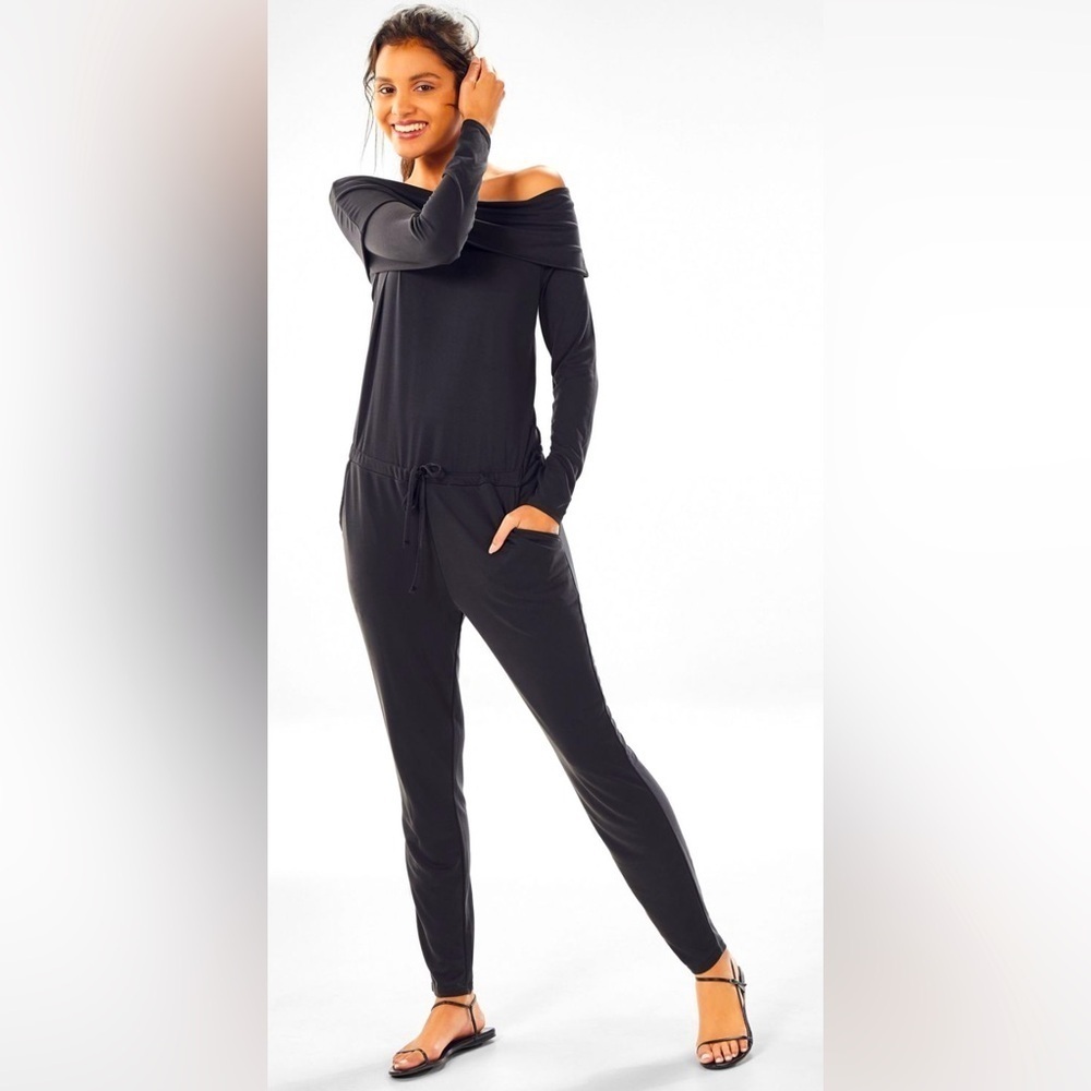 FABLETICS Sz L Tess Off Cowl Neck Off Shoulder Jersey Knit Long Sleeve Jumpsuit